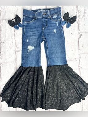 Girls Distressed Flared Jeans with Black Sparkle Bell Bottoms